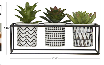 GREEN FAUX FOLIAGE SUCCULENT ARTIFICIAL PLANT WITH TRIBAL POTS INSIDE BLACK METAL STAND, 10" X 4" X 6"