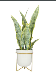 GREEN FAUX FOLIAGE SNAKE ARTIFICIAL PLANT WITH WHITE PORCELAIN POT AND GOLD STAND, 14" X 13" X 25"