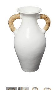 WHITE CERAMIC JUG INSPIRED VASE WITH RATTAN WRAPPED HANDLES, 14" X 11" X 21"