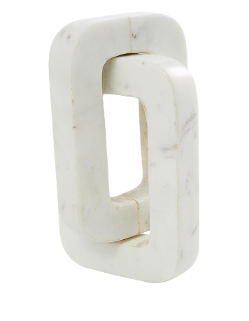 WHITE MARBLE CHAIN GEOMETRIC 2 LINK SCULPTURE, 10" X 4" X 3"