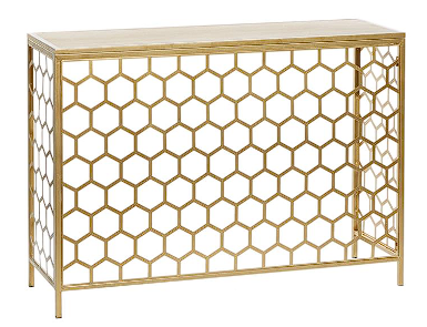 GOLD METAL GEOMETRIC HONEYCOMB PATTERN CONSOLE TABLE WITH BROWN WOOD TOP, 42" X 14" X 30"