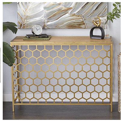 GOLD METAL GEOMETRIC HONEYCOMB PATTERN CONSOLE TABLE WITH BROWN WOOD TOP, 42" X 14" X 30"