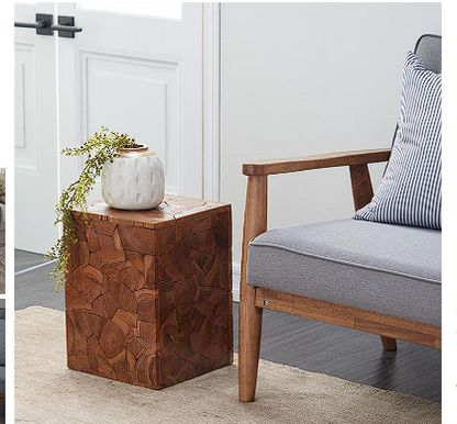 BROWN TEAK WOOD HANDMADE ACCENT TABLE WITH MOSAIC WOOD CHIP DESIGN, 12" X 12" X 16"