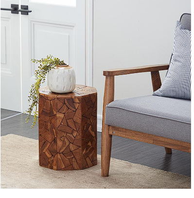 BROWN TEAK WOOD HANDMADE ACCENT TABLE WITH MOSAIC WOOD CHIP DESIGN, 13" X 13" X 17"