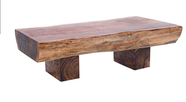BROWN WOOD HANDMADE LIVE EDGE T STAND 2 LEGS COFFEE TABLE WITH BLOCK STYLE BASE, 59" X 33" X 19"