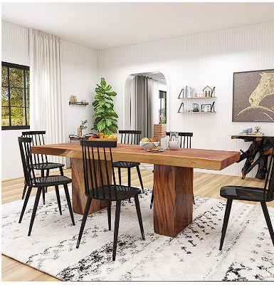 LIGHT BROWN WOOD HANDMADE DINING TABLE WITH BLOCK STYLE BASE, 86" X 34" X 30"
