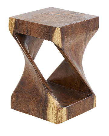 BROWN SUAR WOOD HANDMADE ACCENT TABLE WITH SPIRAL BASE, 12" X 12" X 18"