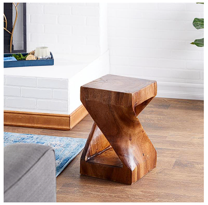 BROWN SUAR WOOD HANDMADE ACCENT TABLE WITH SPIRAL BASE, 12" X 12" X 18"