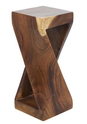 BROWN SUAR WOOD HANDMADE ACCENT TABLE WITH SPIRAL BASE, 12" X 12" X 30"