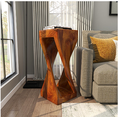 BROWN SUAR WOOD HANDMADE ACCENT TABLE WITH SPIRAL BASE, 12" X 12" X 30"