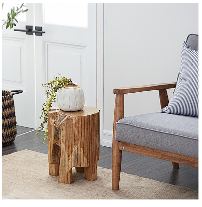 BROWN TEAK WOOD HANDMADE LIVE EDGE TREE STUMP ACCENT TABLE, 12" X 12" X 16"