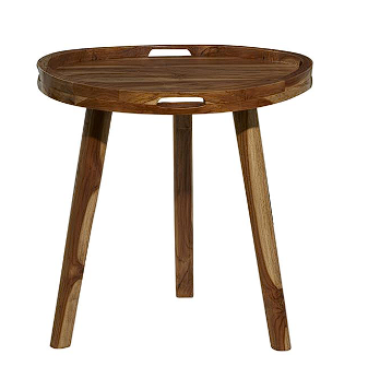 BROWN TEAK WOOD ACCENT TABLE WITH TRIPOD LEGS AND SLOT HANDLES, 24" X 24" X 24"