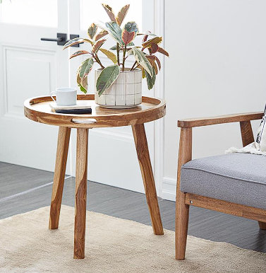 BROWN TEAK WOOD ACCENT TABLE WITH TRIPOD LEGS AND SLOT HANDLES, 24" X 24" X 24"