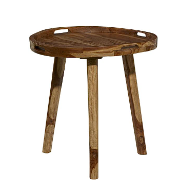 BROWN TEAK WOOD ACCENT TABLE WITH TRIPOD LEGS AND SLOT HANDLES, 24" X 24" X 24"