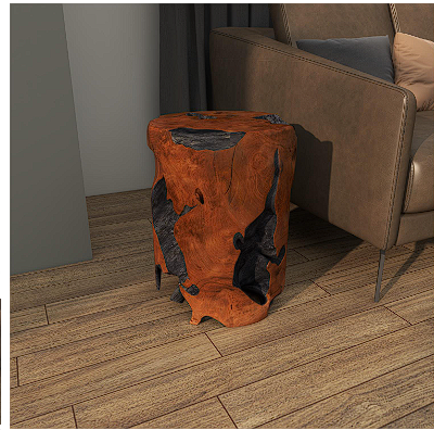 BROWN TEAK WOOD HANDMADE LIVE EDGE STUMP ACCENT TABLE WITH CHARRED DETAILING, 14" X 14" X 18"