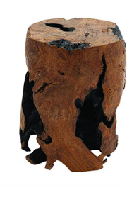 BROWN TEAK WOOD HANDMADE LIVE EDGE STUMP ACCENT TABLE WITH CHARRED DETAILING, 14" X 14" X 18"