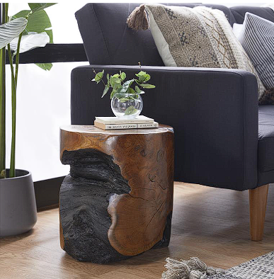 BROWN TEAK WOOD HANDMADE LIVE EDGE STUMP ACCENT TABLE WITH CHARRED DETAILING, 14" X 14" X 18"
