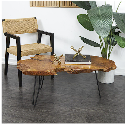 BROWN TEAK WOOD HANDMADE LIVE EDGE COFFEE TABLE WITH BLACK METAL HAIRPIN LEGS, 43" X 24" X 17"