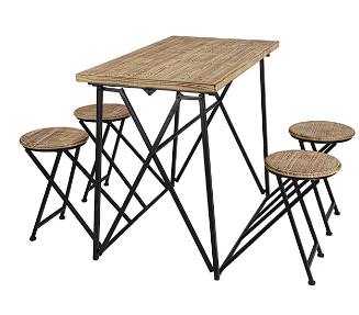 LIGHT BROWN WOOD FOLDING DINING TABLE WITH BLACK METAL LEGS, 44" X 59" X 34"