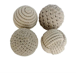 BROWN JUTE HANDMADE DECORATIVE BALL ORBS & VASE FILLER WITH VARYING DESIGNS, SET OF 4 4"D