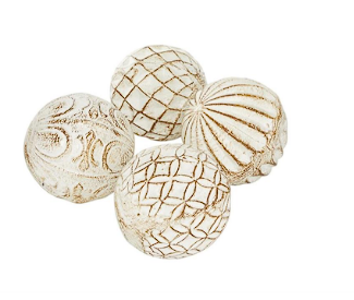 WHITE CERAMIC HANDMADE CARVED DECORATIVE BALL ORBS & VASE FILLER WITH VARYING PATTERNS, SET OF 4 4"W, 4"H