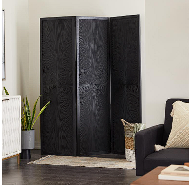 BLACK MANGO WOOD HINGED FOLDABLE PARTITION 3 PANEL ROOM DIVIDER SCREEN WITH CARVED DESIGN, 59" X 1" X 70"