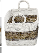 WHITE PLASTIC RATTAN HANDMADE TWO TONED STORAGE BASKET WITH HANDLES