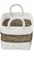 WHITE PLASTIC RATTAN HANDMADE TWO TONED STORAGE BASKET WITH HANDLES