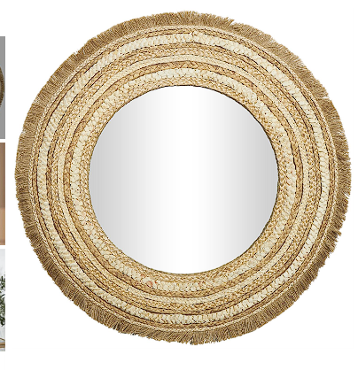 BEIGE WOOD WOVEN WALL MIRROR WITH FRINGE ENDS, 38" X 1" X 38"
