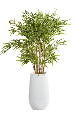 GREEN FAUX FOLIAGE BAMBOO ARTIFICIAL TREE WITH WHITE FIBERGLASS POT, 37" X 35" X 54"