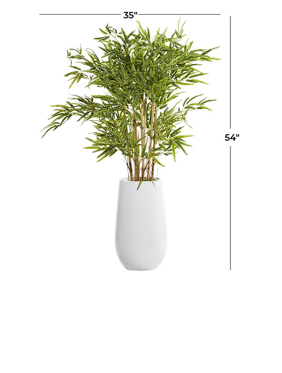 GREEN FAUX FOLIAGE BAMBOO ARTIFICIAL TREE WITH WHITE FIBERGLASS POT, 37" X 35" X 54"