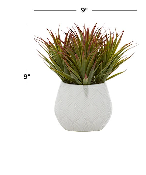 GREEN FAUX FOLIAGE STRIPED STEMMED ALOE ARTIFICIAL PLANT WITH WHITE CERAMIC POT, 9" X 9" X 9"