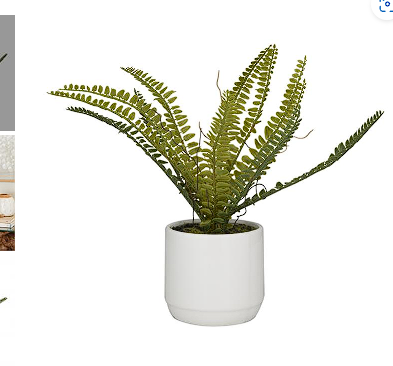 GREEN FAUX FOLIAGE FERN ARTIFICIAL PLANT WITH WHITE CERAMIC POT, 15" X 10" X 12"