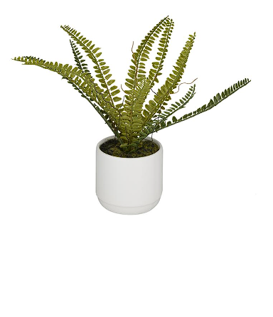 GREEN FAUX FOLIAGE FERN ARTIFICIAL PLANT WITH WHITE CERAMIC POT, 15" X 10" X 12"