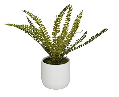 GREEN FAUX FOLIAGE FERN ARTIFICIAL PLANT WITH WHITE CERAMIC POT, 15" X 10" X 12"