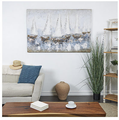 GRAY CANVAS SAIL BOAT ABSTRACT DISTRESSED WALL ART WITH GOLD FOIL ACCENTS, 59" X 2" X 40"