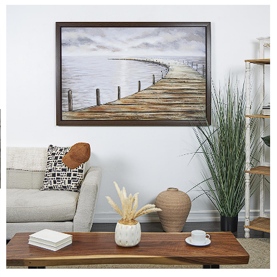 BROWN CANVAS LANDSCAPE WOODEN DOCK FRAMED WALL ART WITH BLACK FRAME, 59" X 2" X 39"