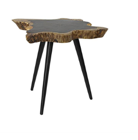 BROWN WOOD HANDMADE LIVE EDGE TOP ACCENT TABLE WITH BLACK METAL TRIPOD LEGS, 24" X 21" X 19"