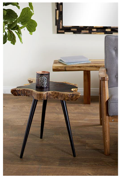 BROWN WOOD HANDMADE LIVE EDGE TOP ACCENT TABLE WITH BLACK METAL TRIPOD LEGS, 24" X 21" X 19"