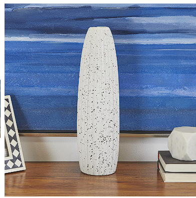 WHITE CERAMIC SPECKLED VASE, 5" X 5" X 18"