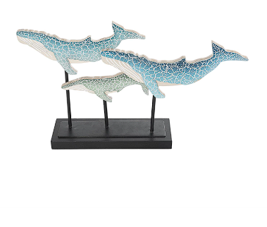 BLUE WOODEN WHALE TEXTURED SCULPTURE WITH BLACK METAL STAND, 20" X 4" X 12"