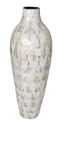 WHITE MOTHER OF PEARL HANDMADE MOSAIC INSPIRED VASE WITH PASTEL BLUE AND PINK ACCENTS, 9" X 10" X 28"