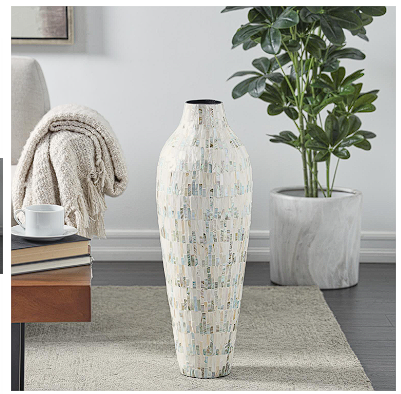 WHITE MOTHER OF PEARL HANDMADE MOSAIC INSPIRED VASE WITH PASTEL BLUE AND PINK ACCENTS, 9" X 10" X 28"