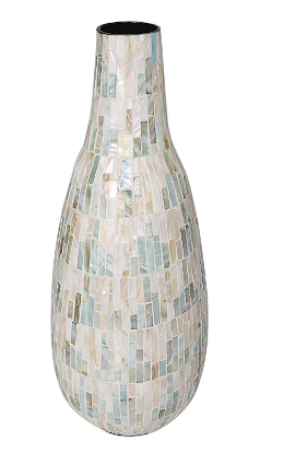 WHITE MOTHER OF PEARL HANDMADE MOSAIC INSPIRED VASE WITH PASTEL BLUE AND PINK ACCENTS, 8" X 9" X 21"