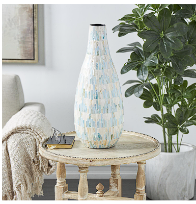 WHITE MOTHER OF PEARL HANDMADE MOSAIC INSPIRED VASE WITH PASTEL BLUE AND PINK ACCENTS, 8" X 9" X 21"