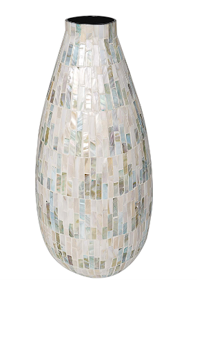 WHITE MOTHER OF PEARL HANDMADE MOSAIC INSPIRED VASE WITH PASTEL BLUE AND PINK ACCENTS, 8" X 8" X 19"