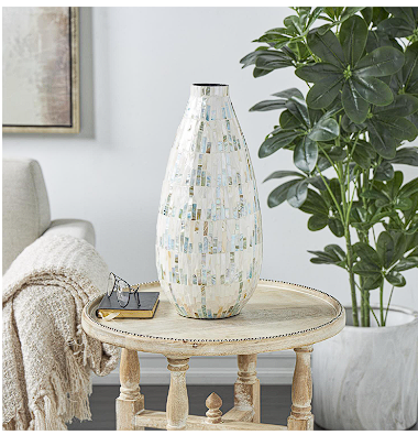 WHITE MOTHER OF PEARL HANDMADE MOSAIC INSPIRED VASE WITH PASTEL BLUE AND PINK ACCENTS, 8" X 8" X 19"