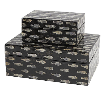 BLACK MOTHER OF PEARL FISH BOX WITH BEIGE ACCENTS