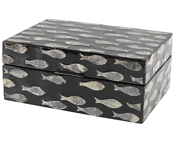 BLACK MOTHER OF PEARL FISH BOX WITH BEIGE ACCENTS
