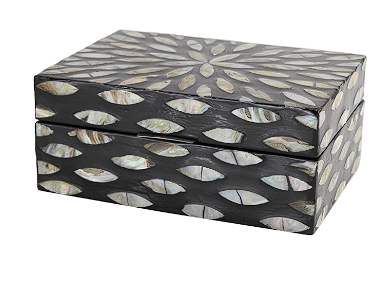BLACK MOTHER OF PEARL GEOMETRIC FLORAL BOX WITH BEIGE ACCENTS